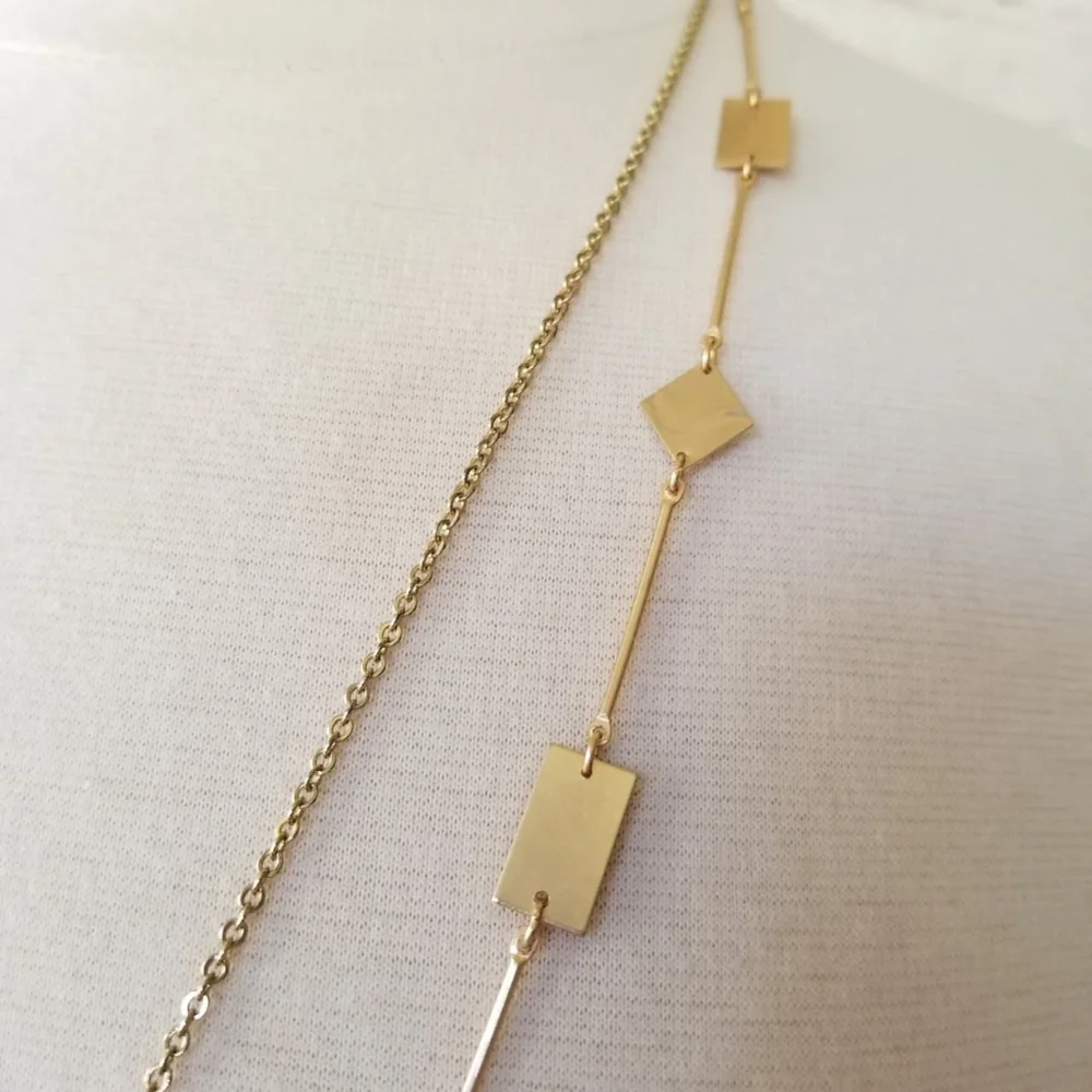 Rose Quartz Stones and Gold Cutout Shapes Layered Double Strand Chain Necklace